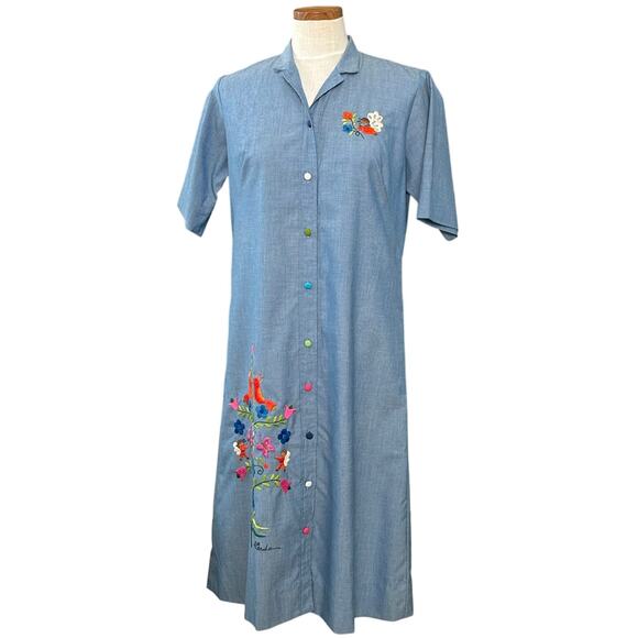 Vintage Helen Cerda 70s Hand Embroidered Chambray Shift Dress 14 Floral Midi - Picture 1 of 15